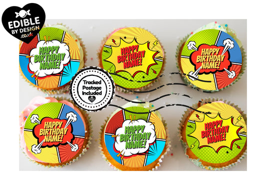 Happy Birthday Personalised Cake Toppers: Fun Retro Design Edible Image Circles on Icing or Wafer