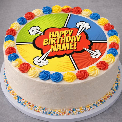 Happy Birthday Personalised Cake Toppers: Fun Retro Design Edible Image Circles on Icing or Wafer