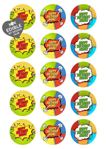 Happy Birthday Personalised Cake Toppers: Fun Retro Design Edible Image Circles on Icing or Wafer