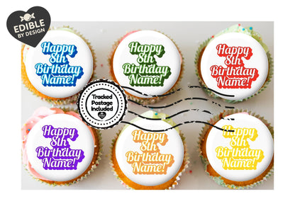 Happy Birthday Text Cake Toppers Edible Images on Icing or Wafer Stickers Balloon