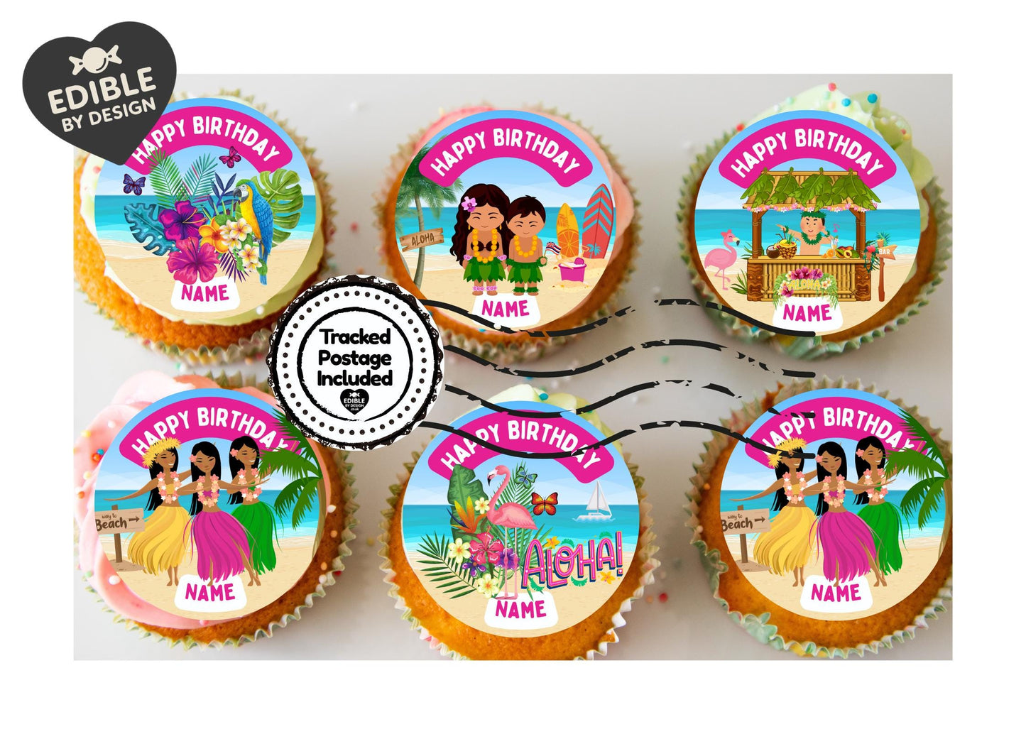 Hawaii Tropical Theme Birthday Cupcake Toppers Edible Circles matching Invitations Stickers Balloon Party Pack