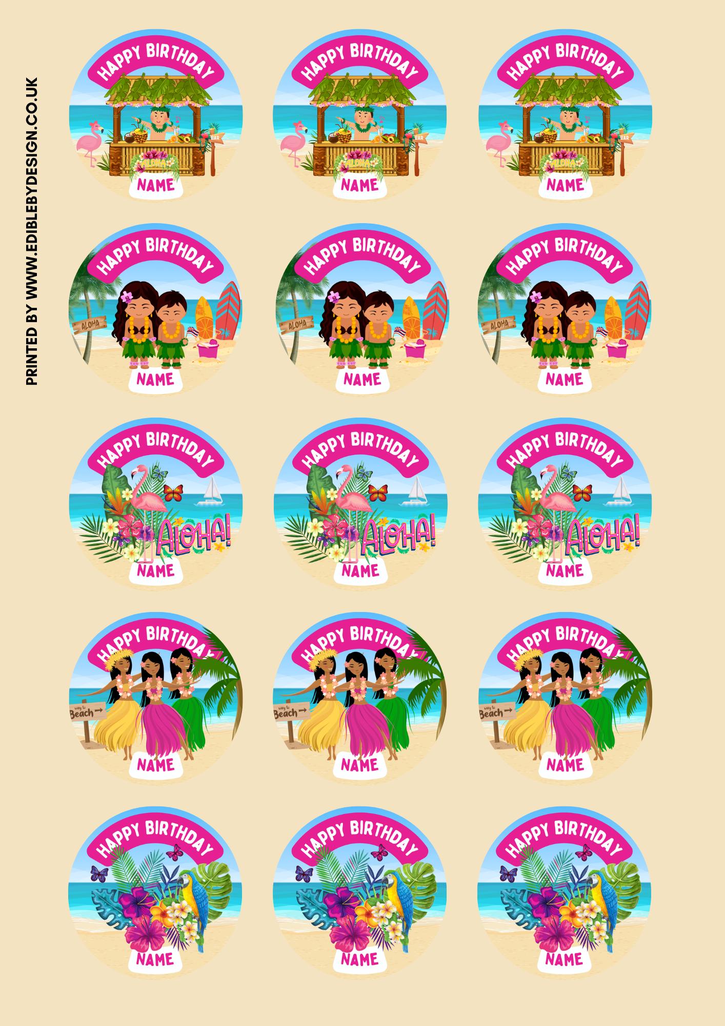 Hawaii Tropical Theme Birthday Cupcake Toppers Edible Circles matching Invitations Stickers Balloon Party Pack
