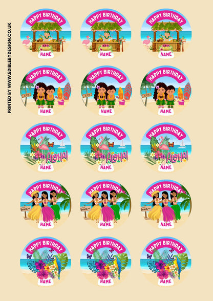Hawaii Tropical Theme Birthday Cupcake Toppers Edible Circles matching Invitations Stickers Balloon Party Pack