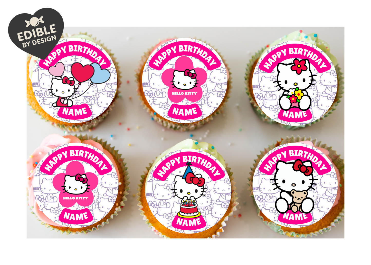 Hello Kitty Birthday Cake Toppers Edible Circles Personalised Name and Age Matching Stickers Balloon Invitations Pack