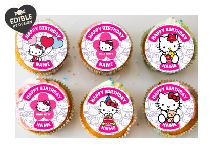 Hello Kitty Birthday Cake Toppers Edible Circles Personalised Name and Age Matching Stickers Balloon Invitations Pack