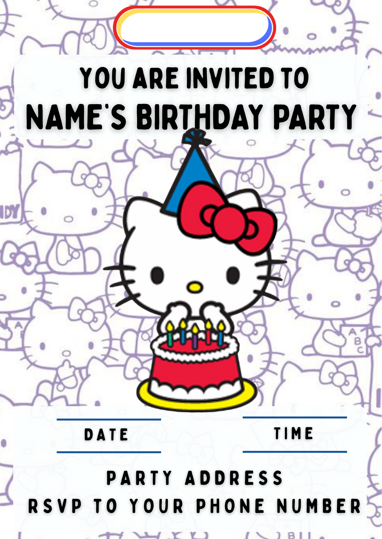Hello Kitty Birthday Cake Toppers Edible Circles Personalised Name and Age Matching Stickers Balloon Invitations Pack