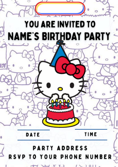 Hello Kitty Birthday Cake Toppers Edible Circles Personalised Name and Age Matching Stickers Balloon Invitations Pack