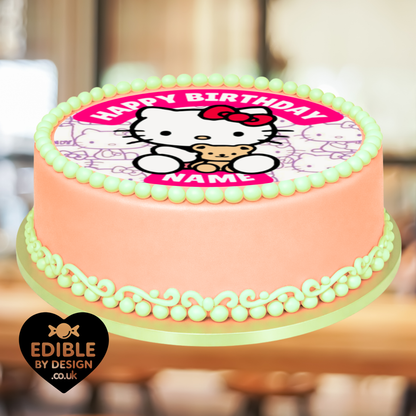 Hello Kitty Birthday Cake Toppers Edible Circles Personalised Name and Age Matching Stickers Balloon Invitations Pack