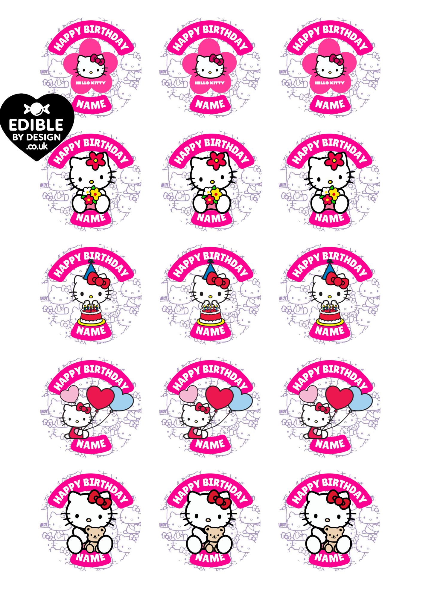 Hello Kitty Birthday Cake Toppers Edible Circles Personalised Name and Age Matching Stickers Balloon Invitations Pack