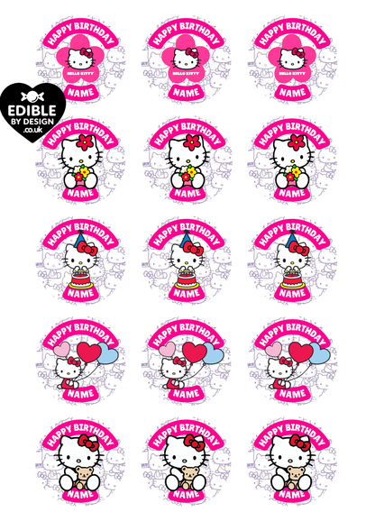 Hello Kitty Birthday Cake Toppers Edible Circles Personalised Name and Age Matching Stickers Balloon Invitations Pack