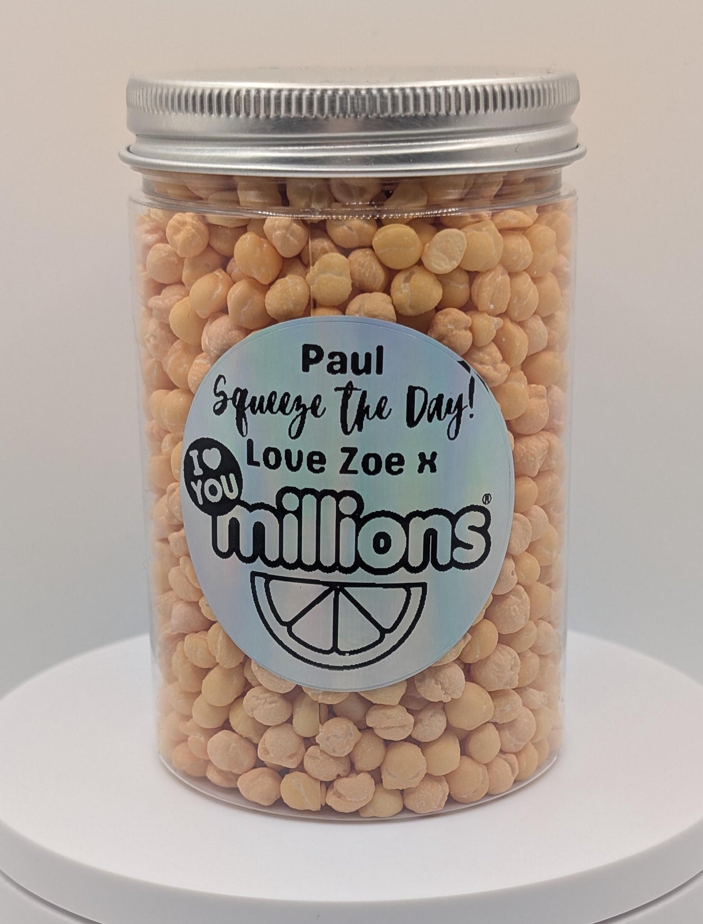 I Love You Millions - Round Jar Personalised with your choice of names on sticker Orange Apple Vimto Cola Bubblegum Banana Watermelon