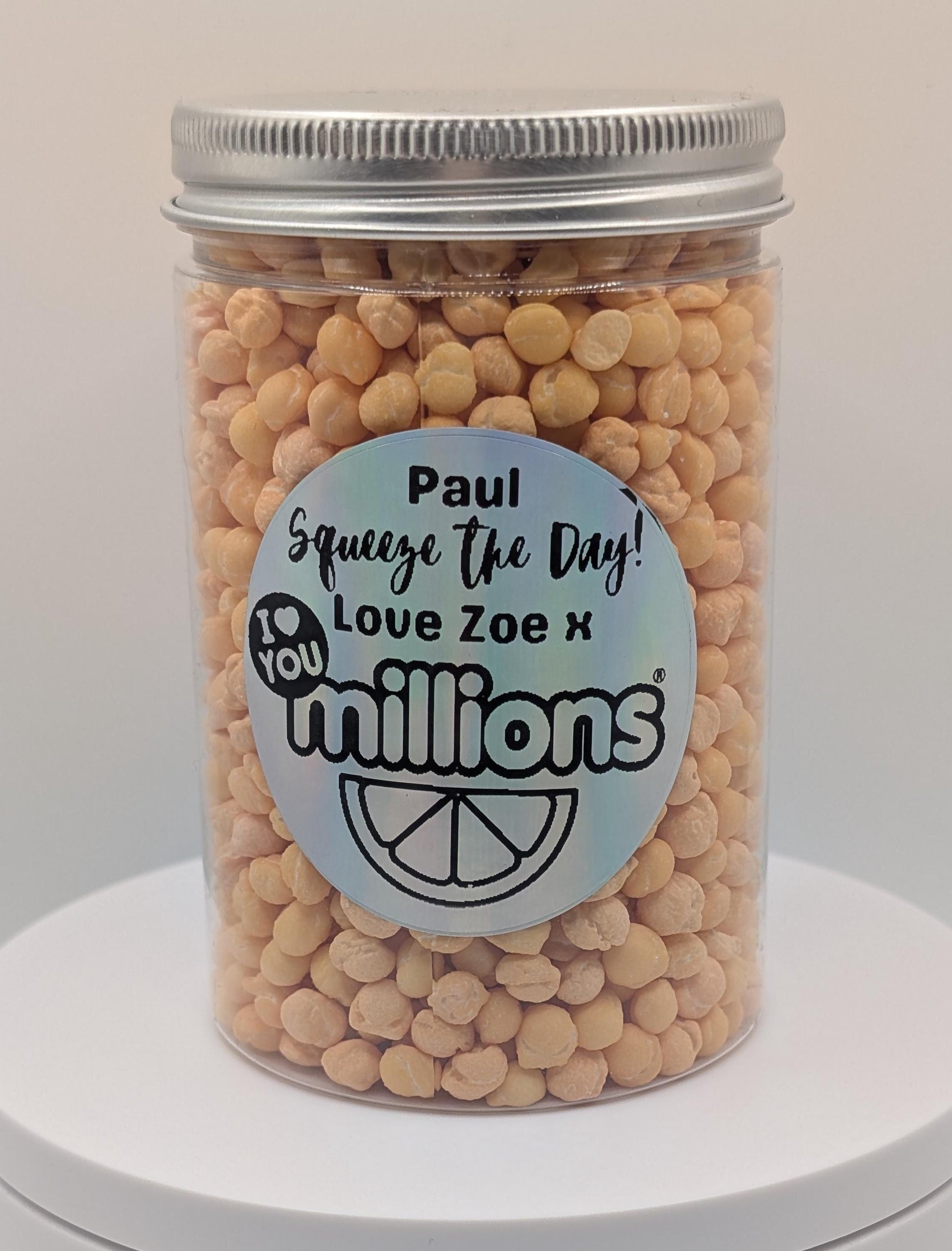 I Love You Millions - Round Jar Personalised with your choice of names on sticker Orange Apple Vimto Cola Bubblegum Banana Watermelon