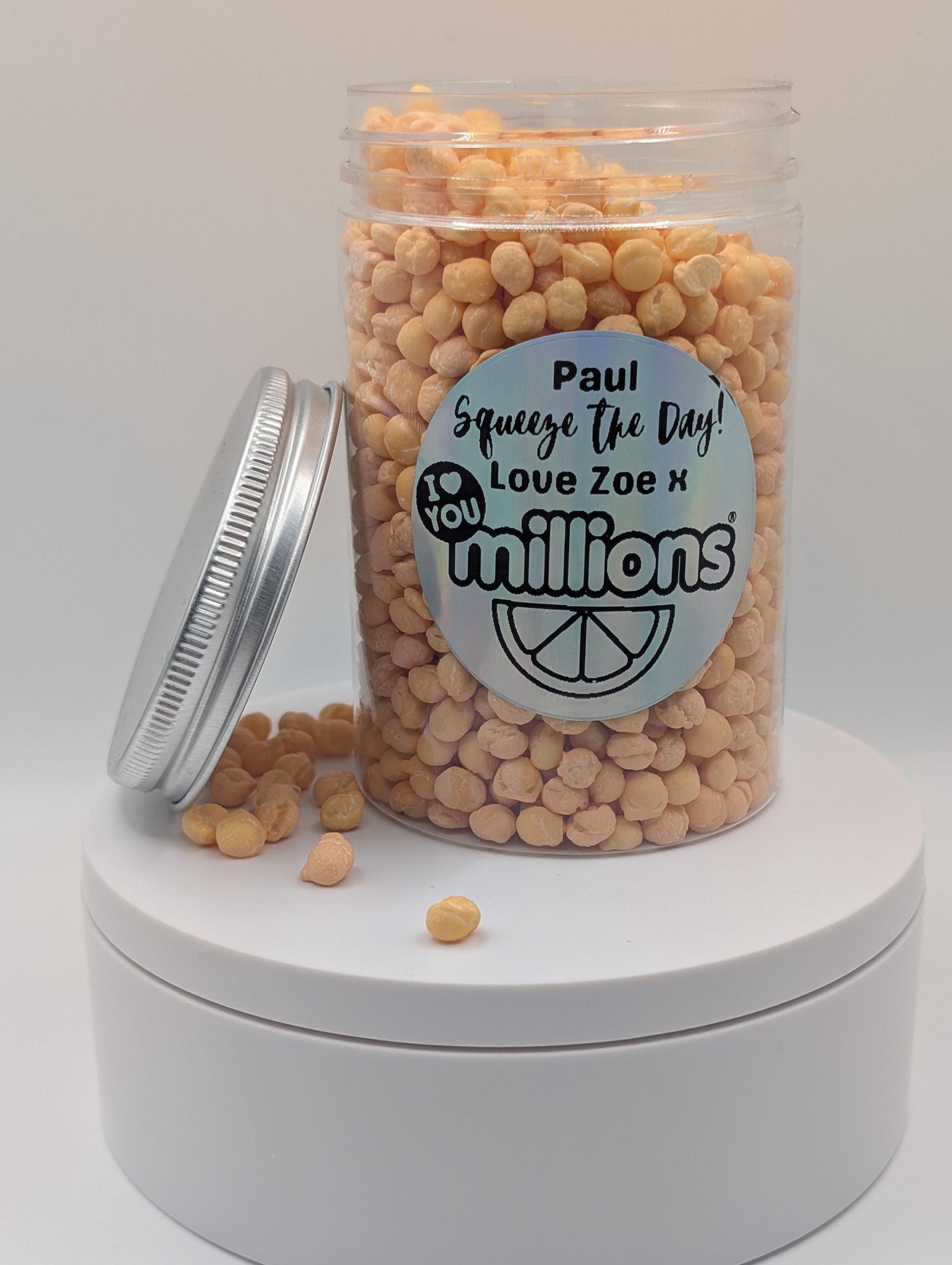 I Love You Millions - Round Jar Personalised with your choice of names on sticker Orange Apple Vimto Cola Bubblegum Banana Watermelon