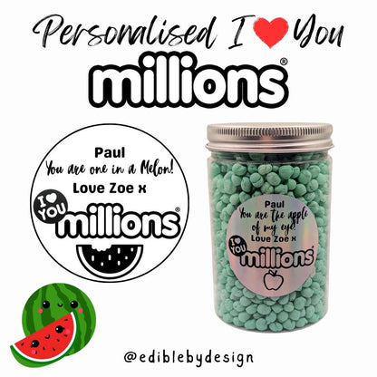 I Love You Millions - Round Jar Personalised with your choice of names on sticker Orange Apple Vimto Cola Bubblegum Banana Watermelon