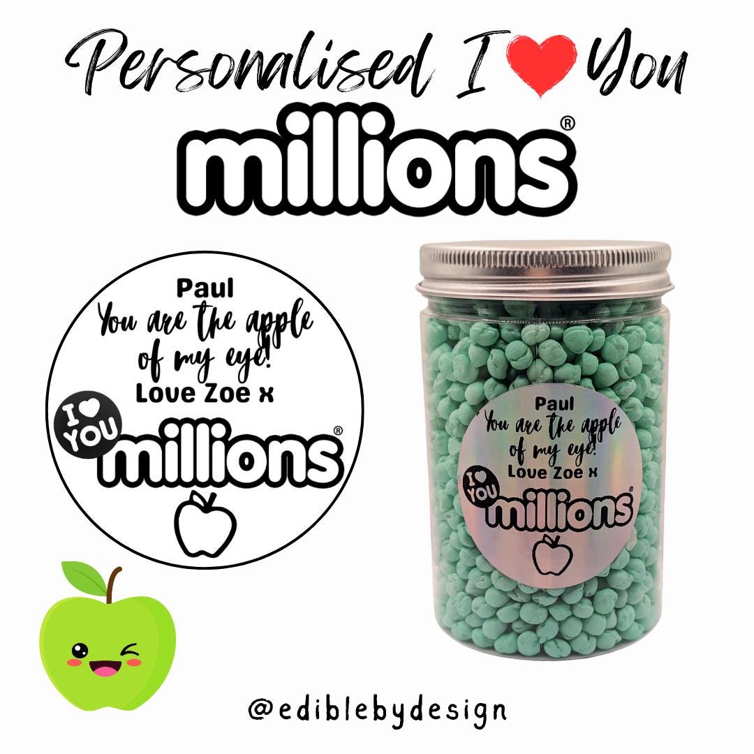 I Love You Millions - Round Jar Personalised with your choice of names on sticker Orange Apple Vimto Cola Bubblegum Banana Watermelon