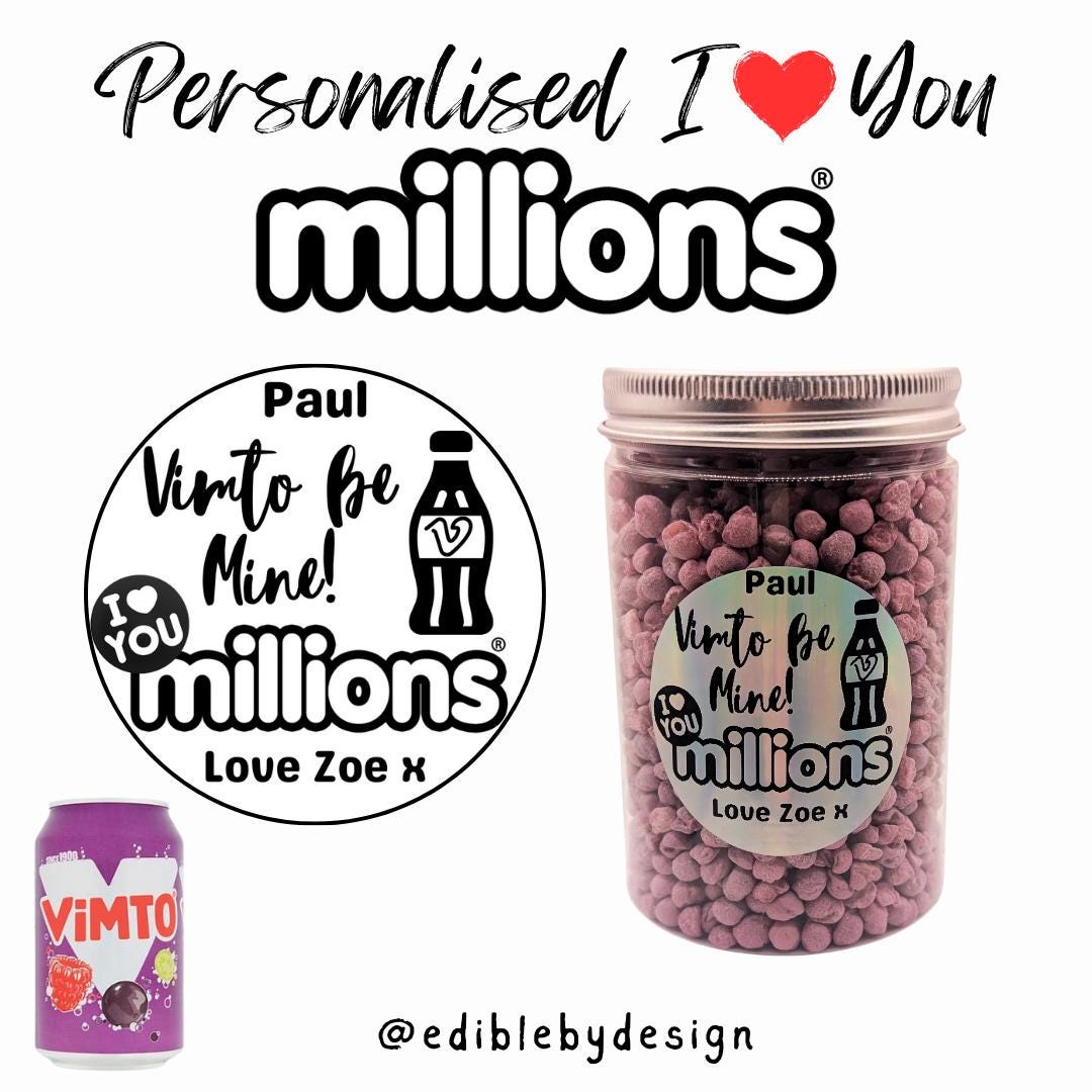 I Love You Millions - Round Jar Personalised with your choice of names on sticker Orange Apple Vimto Cola Bubblegum Banana Watermelon
