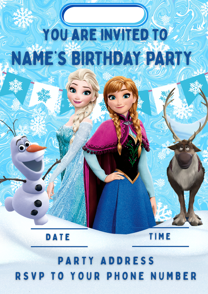 Frozen Ice Princess Theme Birthday Cake Toppers Edible Circles Personalised Name and Age Matching Stickers Balloon Invitations Pack