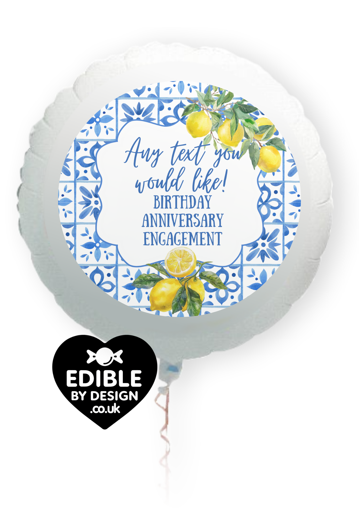 Personalised Lemon Italianate Blue & White Cake Toppers: Edible Icing or Wafer, Stickers, Invites, Balloon and Party Pack