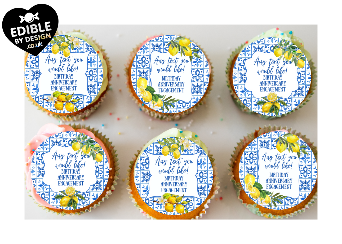 Personalised Lemon Italianate Blue & White Cake Toppers: Edible Icing or Wafer, Stickers, Invites, Balloon and Party Pack