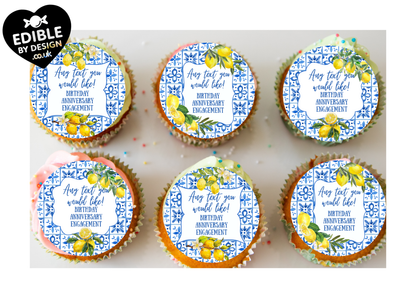 Personalised Lemon Italianate Blue & White Cake Toppers: Edible Icing or Wafer, Stickers, Invites, Balloon and Party Pack
