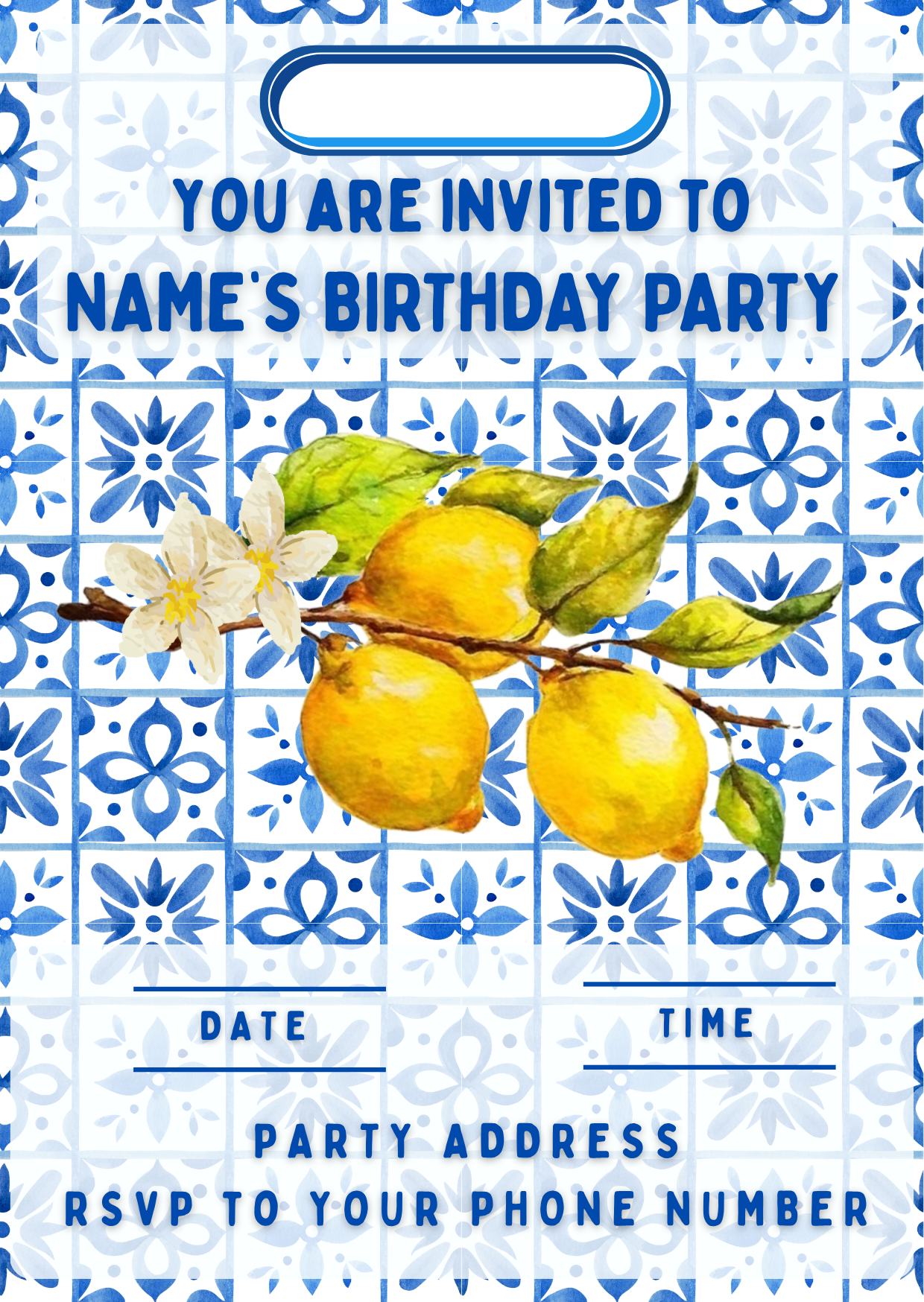 Personalised Lemon Italianate Blue & White Cake Toppers: Edible Icing or Wafer, Stickers, Invites, Balloon and Party Pack