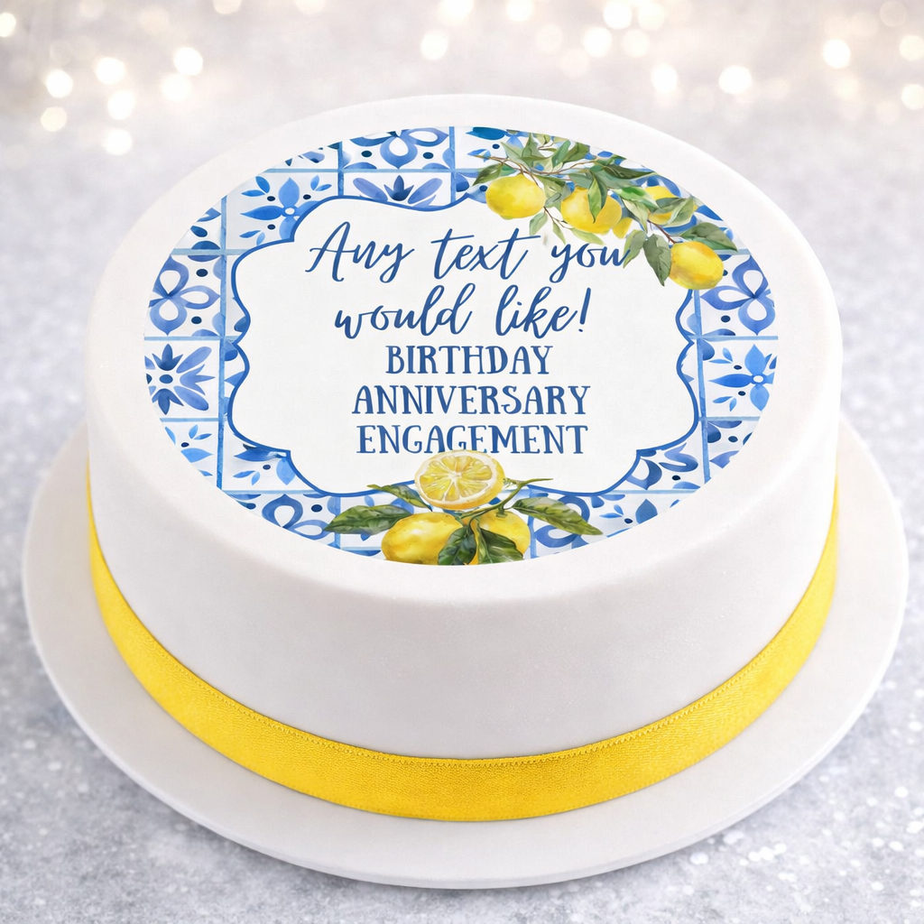 Personalised Lemon Italianate Blue & White Cake Toppers: Edible Icing or Wafer, Stickers, Invites, Balloon and Party Pack
