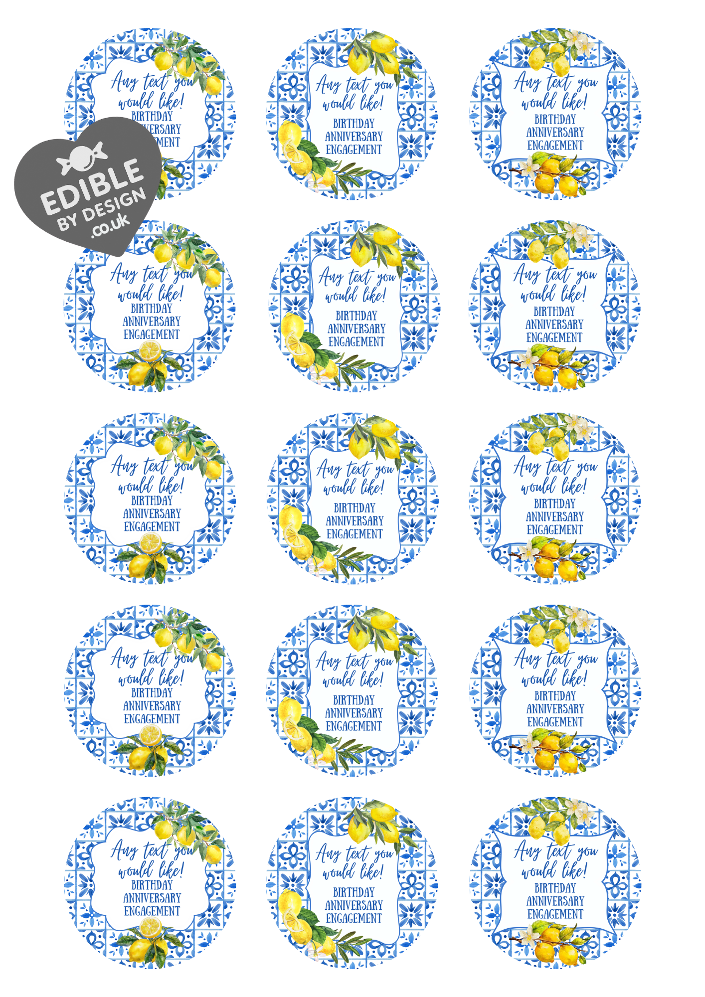 Personalised Lemon Italianate Blue & White Cake Toppers: Edible Icing or Wafer, Stickers, Invites, Balloon and Party Pack