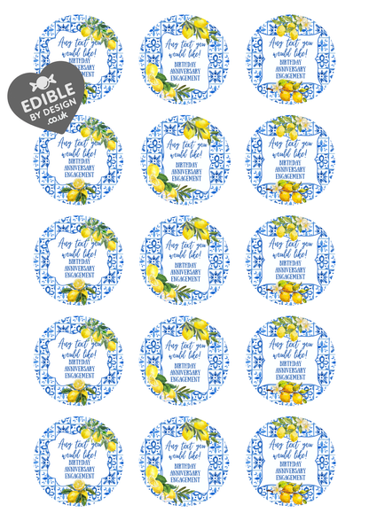 Personalised Lemon Italianate Blue & White Cake Toppers: Edible Icing or Wafer, Stickers, Invites, Balloon and Party Pack