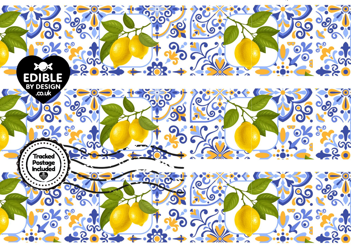 Italianate Blue White & Lemon Tiles - Ribbon Border Edging for Cake in Icing