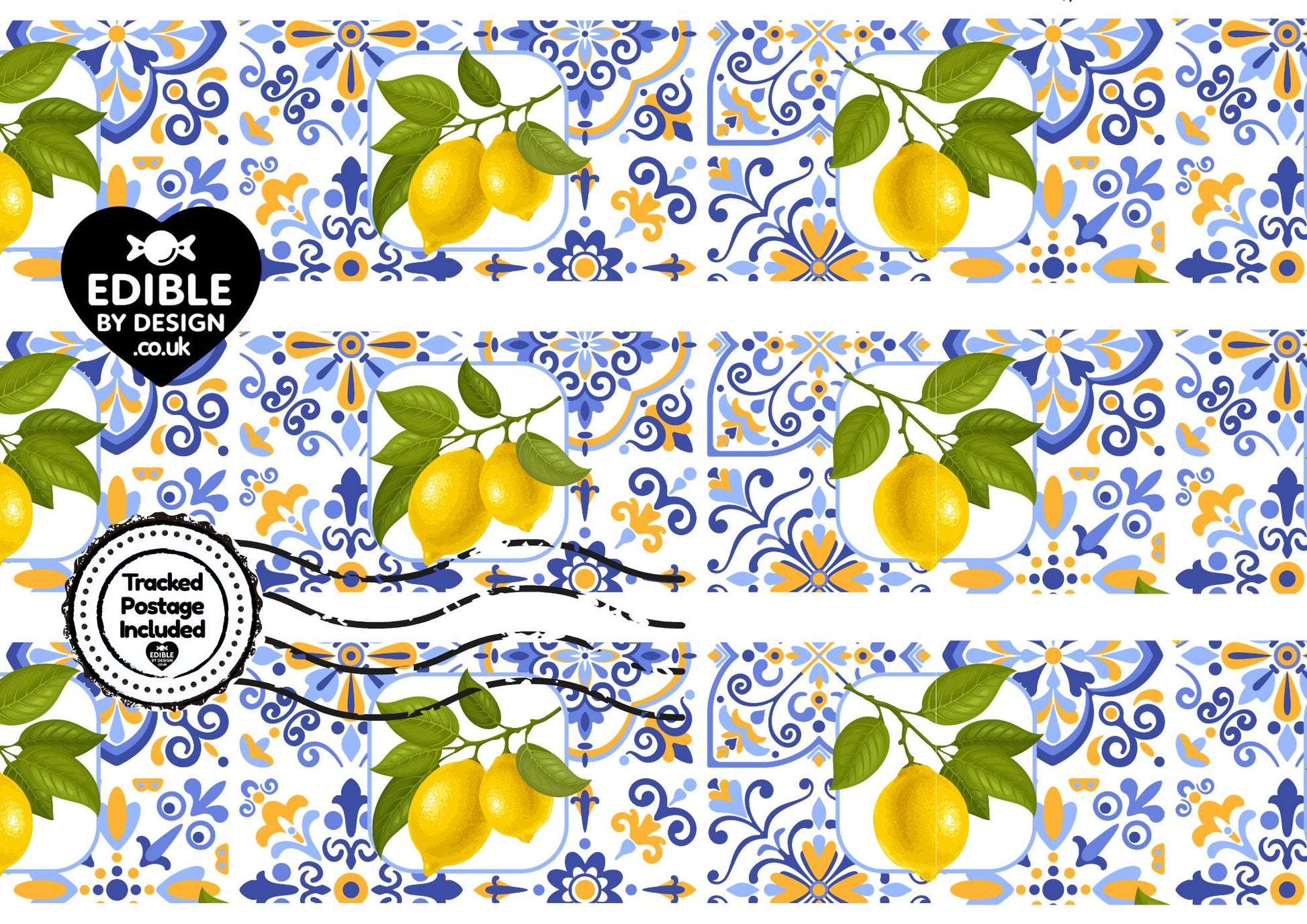 Italianate Blue White & Lemon Tiles - Ribbon Border Edging for Cake in Icing