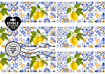 Italianate Blue White & Lemon Tiles - Ribbon Border Edging for Cake in Icing