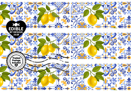 Italianate Blue White & Lemon Tiles - Ribbon Border Edging for Cake in Icing