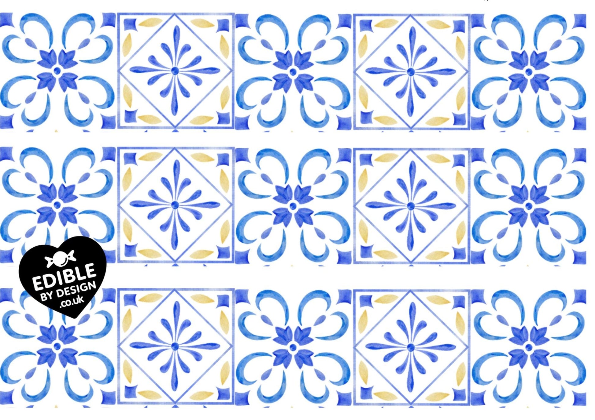 Italianate Blue White & Lemon Tiles - Ribbon Border Edging for Cake in Icing