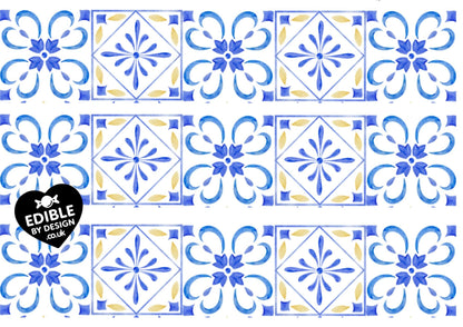 Italianate Blue White & Lemon Tiles - Ribbon Border Edging for Cake in Icing