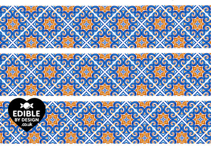 Italianate Blue White & Lemon Tiles - Ribbon Border Edging for Cake in Icing