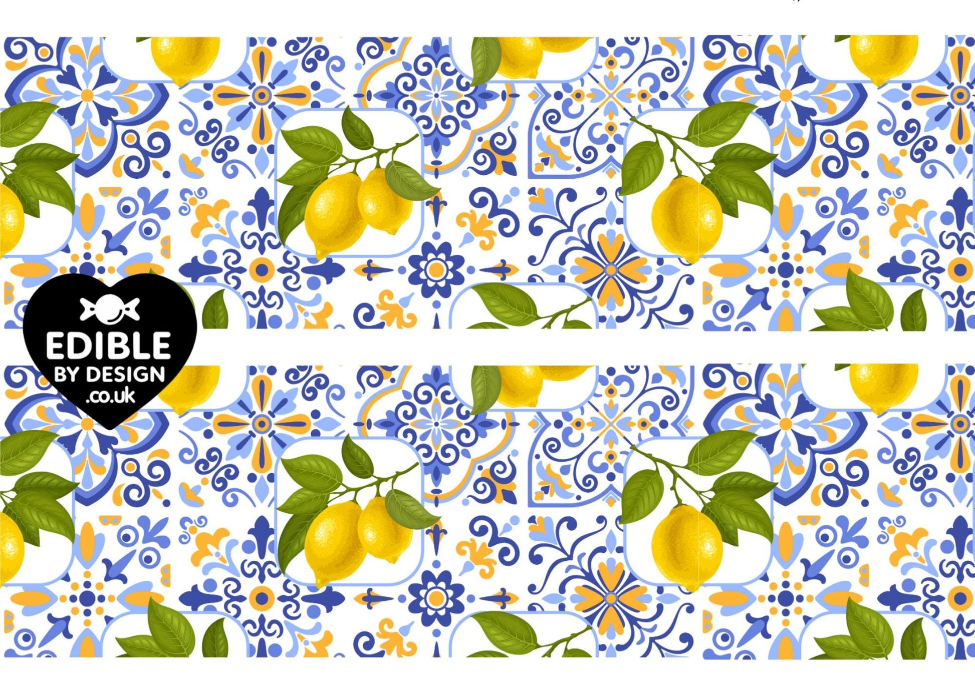 Italianate Blue White & Lemon Tiles - Ribbon Border Edging for Cake in Icing