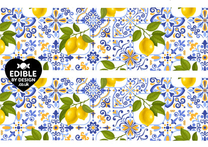 Italianate Blue White & Lemon Tiles - Ribbon Border Edging for Cake in Icing