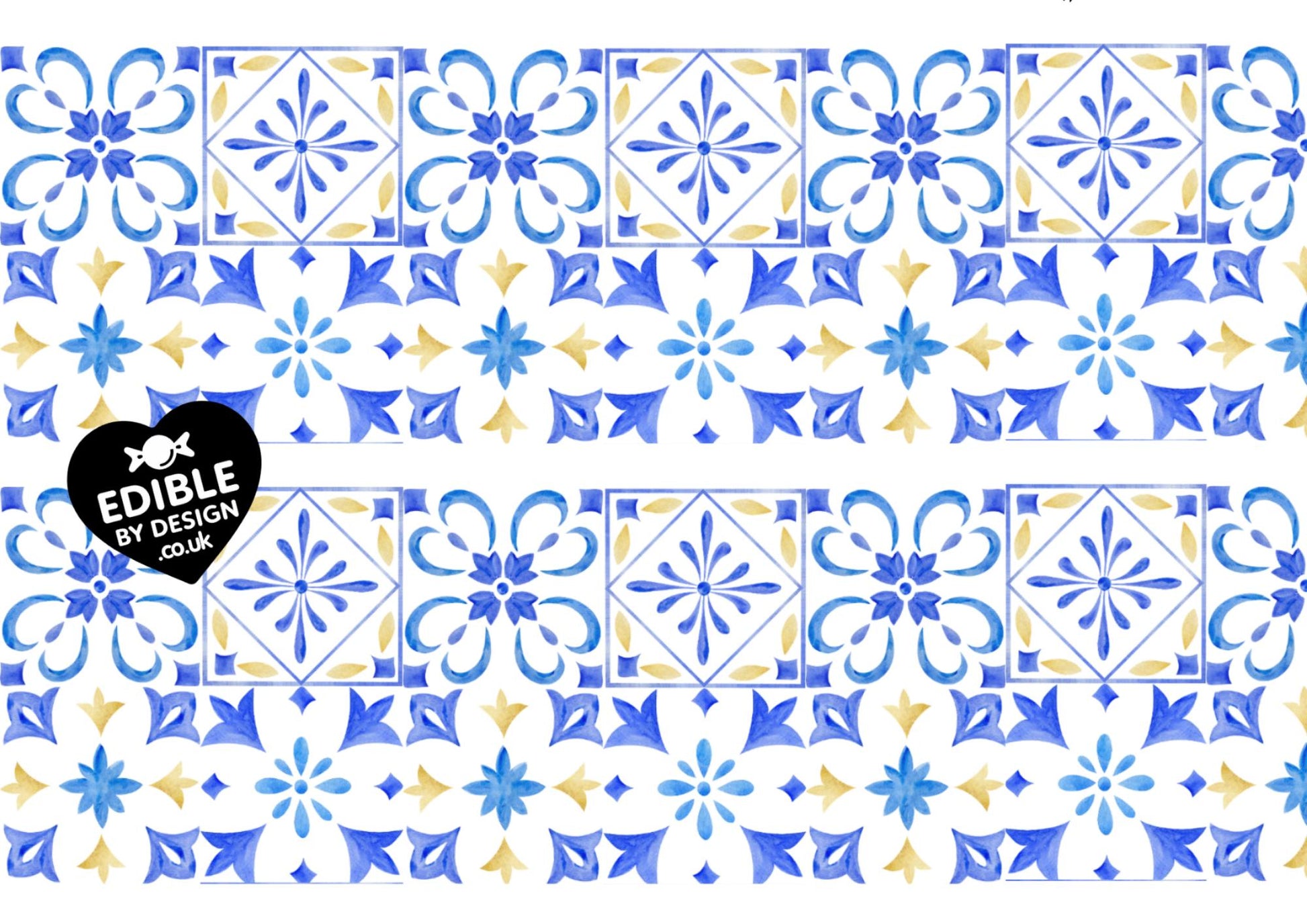 Italianate Blue White & Lemon Tiles - Ribbon Border Edging for Cake in Icing