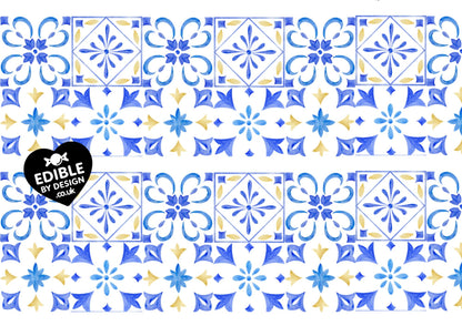 Italianate Blue White & Lemon Tiles - Ribbon Border Edging for Cake in Icing