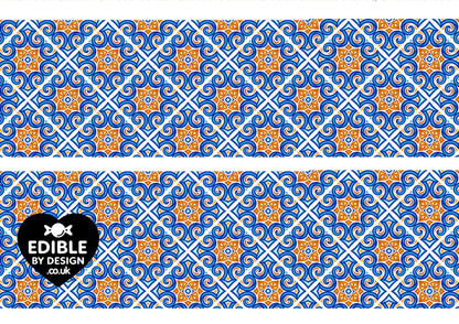 Italianate Blue White & Lemon Tiles - Ribbon Border Edging for Cake in Icing