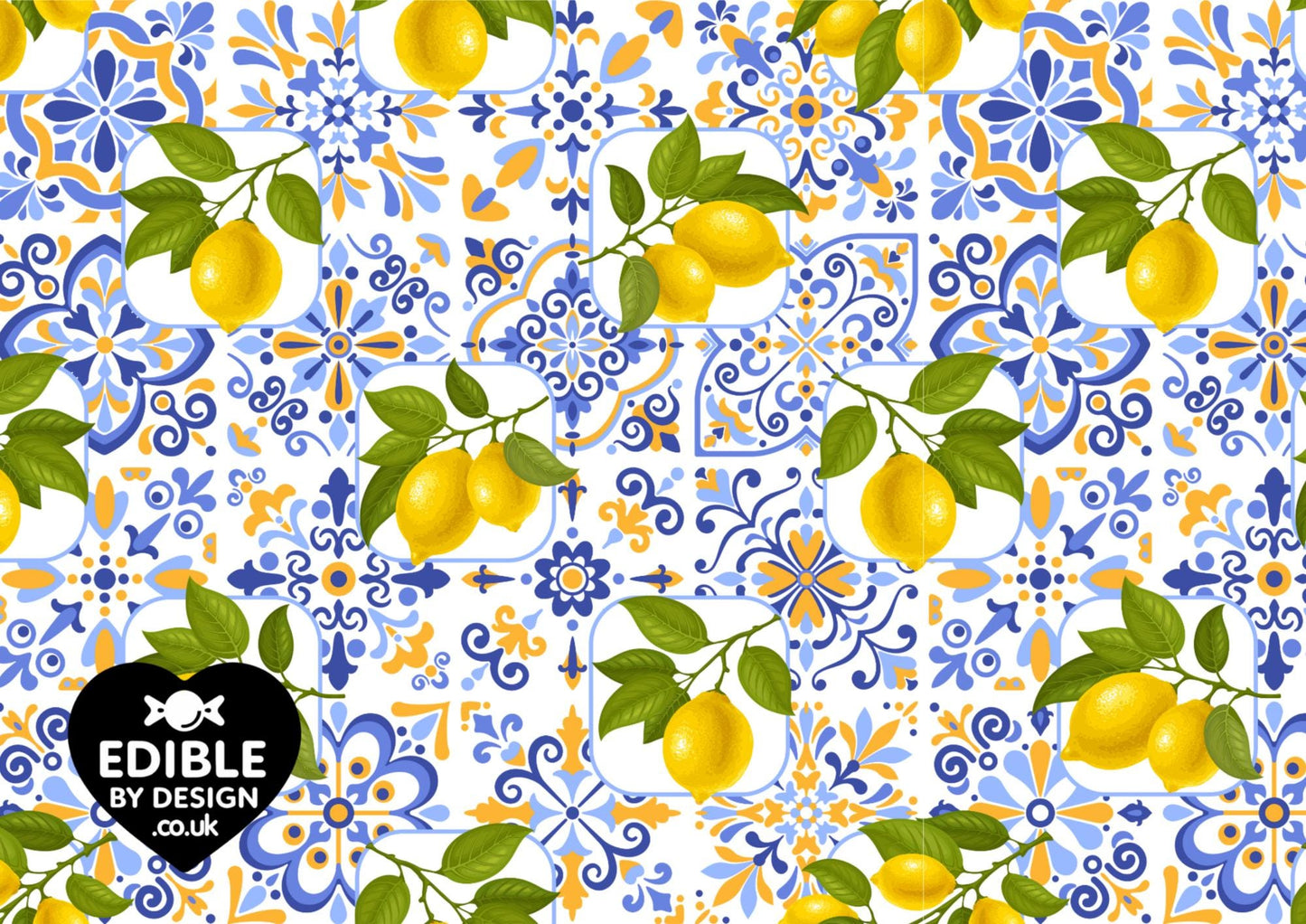 Italianate Blue White & Lemon Tiles - Ribbon Border Edging for Cake in Icing