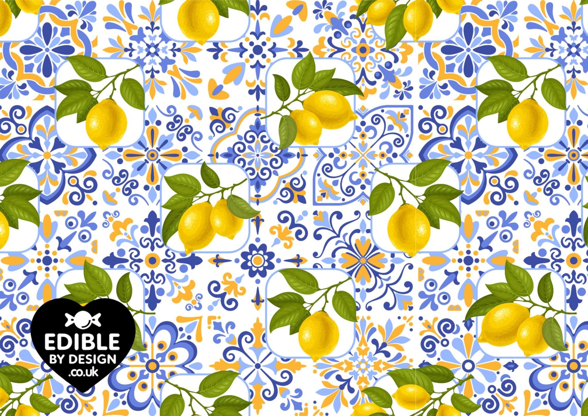 Italianate Blue White & Lemon Tiles - Ribbon Border Edging for Cake in Icing