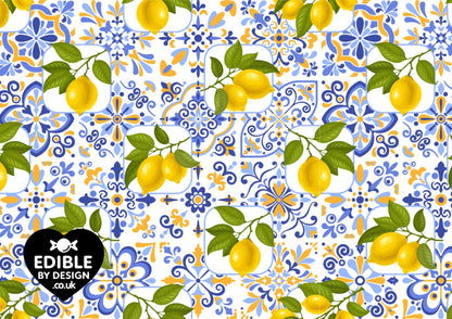 Italianate Blue White & Lemon Tiles - Ribbon Border Edging for Cake in Icing