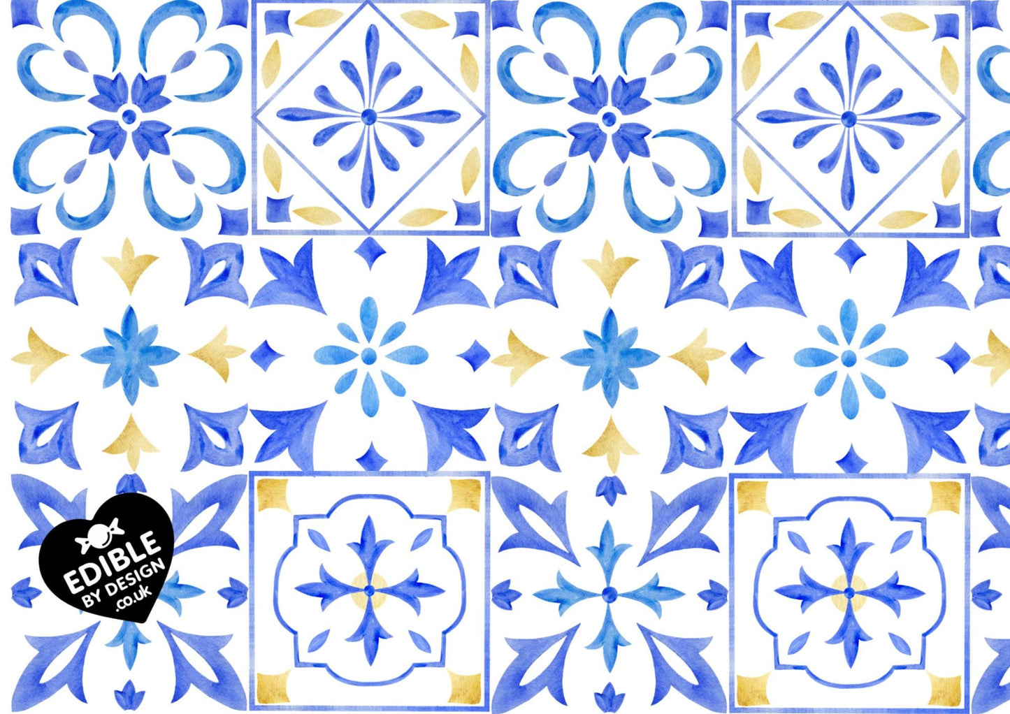 Italianate Blue White & Lemon Tiles - Ribbon Border Edging for Cake in Icing