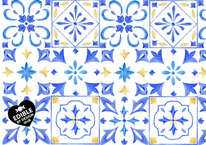 Italianate Blue White & Lemon Tiles - Ribbon Border Edging for Cake in Icing