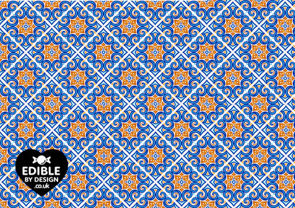 Italianate Blue White & Lemon Tiles - Ribbon Border Edging for Cake in Icing