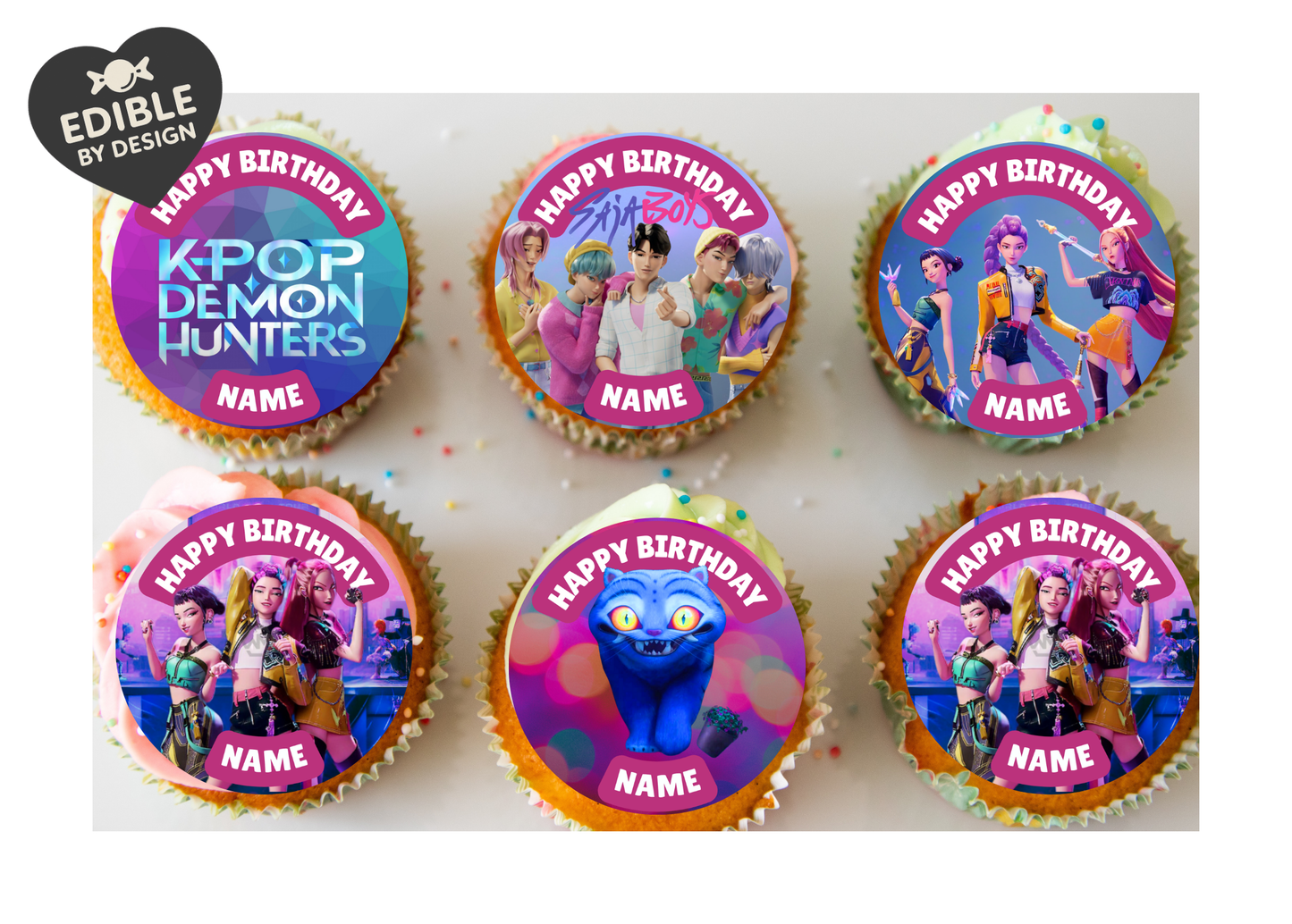 K-Pop Theme Birthday Cake Toppers Edible Circles Personalised Name and Age Matching Stickers Balloon Invitations Pack