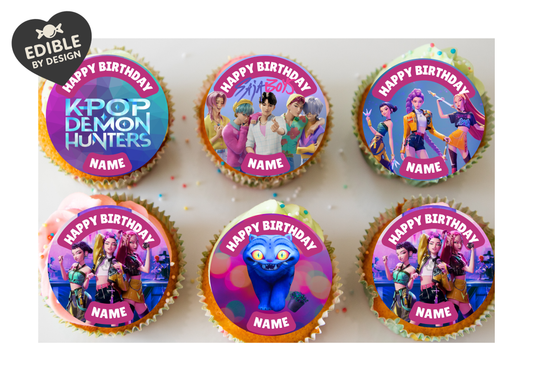 K-Pop Theme Birthday Cake Toppers Edible Circles Personalised Name and Age Matching Stickers Balloon Invitations Pack