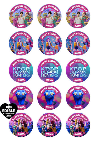K-Pop Theme Birthday Cake Toppers Edible Circles Personalised Name and Age Matching Stickers Balloon Invitations Pack