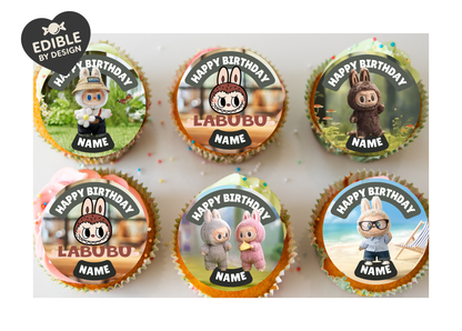 Labubu Theme Birthday Cake Toppers Edible Circles Personalised Name and Age Matching Stickers Balloon Invitations Pack